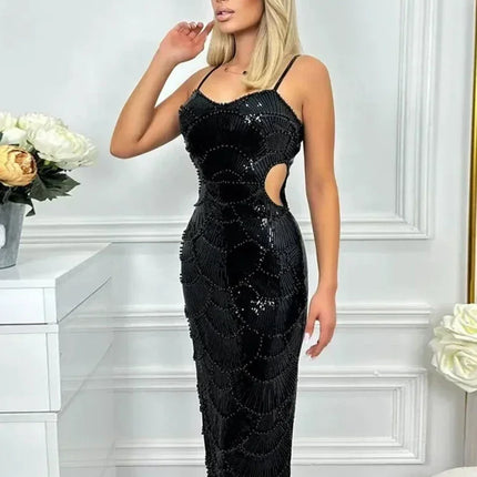 New Sequin Hollow Out Spaghetti Strap Backless Mermaid Long Dresses Women Elegant Celebrity Party Evening Wedding Bodycon Gowns