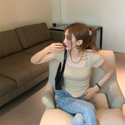 Pure Color Slim Short Sleeve Tees Women 2022 Summer Y2k Crop Fashion Sexy Blouse