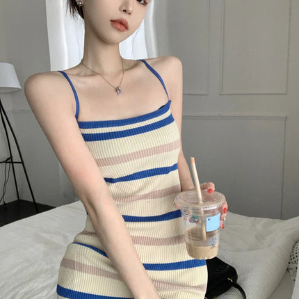 Sleeveless Slim fit Knitted Striped Mid Length Dresses