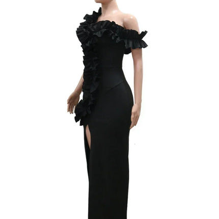 Sexy Night Sleeveless Off Shoulder Wooden Ear Edge Ruffles Bodycon Split Red Midi Dress Women Evening Birthday Party Vestidos