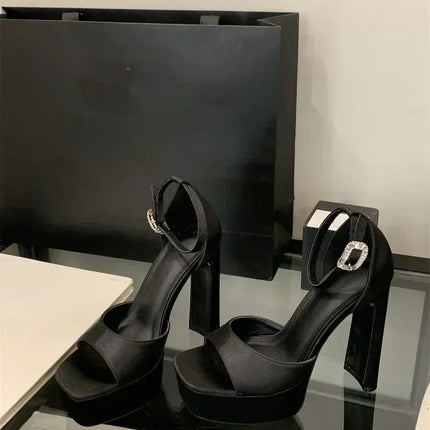 Liyke Runway Style Black High Heels Platform Sandals For Women Cozy Silk Square Toe Buckle Strap Lady Party Dress Shoes Size 40