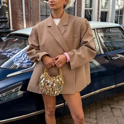 Women's V-Neck Side-Buttoned Suit Jacket Long Sleeve Solid Color Coats Pocket Cuffs Oversize Tops High Street Female Clothes