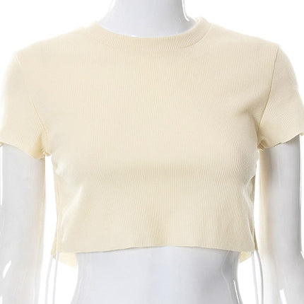 Sexy O Neck Split Ribbons Cropped T-Shirts Women Ribbed Knit Short Sleeve Slim Tshirts 2022 Summer