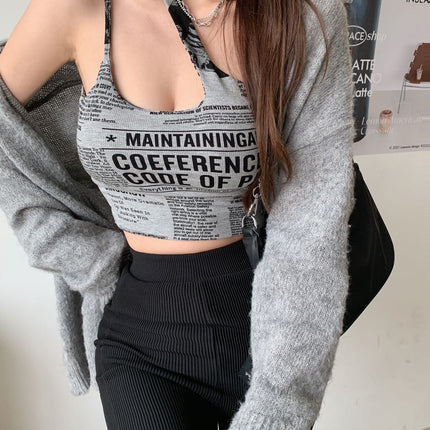 Newspaper Print Camisole Women Slanted Shoulder Hollow Sleeveless Tops Beautiful Back Woman