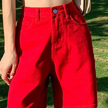 Jeans Shorts Summer High Waist Pockets Female Wide Leg Denim Shorts