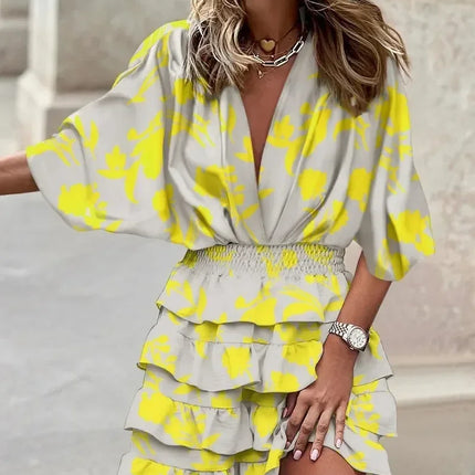 Women Fall V-Neck Loose Batwing Hafl Sleeve Print Dress Fashion Elegant Lace-up Ruffle Beach Mini Dresses Casual Streetwear 2024