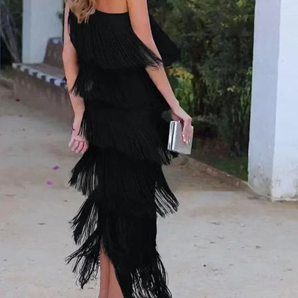 Spring and Summer New Fashion Fringed Slanted Shoulder Asymmetrical Dress for Women