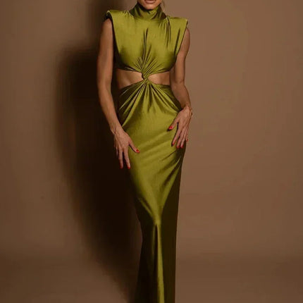 Mozision Hollow Out Turtleneck Sexy Maxi Dress For Women Fashion Solid Sleeveless Bodycon Tank Dresses Femme Club Party Dress