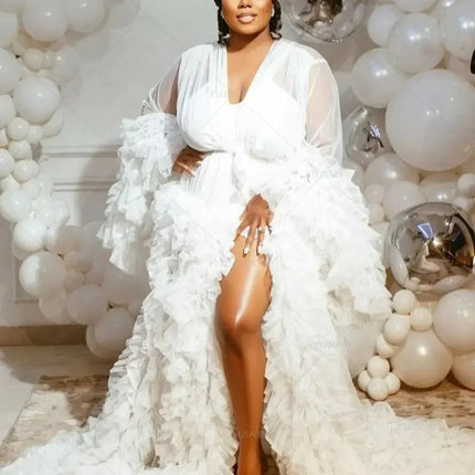 Maternity Gown for Baby Shower Dressing Gown Perspective Sheer Skirt Long Tulle Bridal Robe Puffy Sleepwear for Women Nightwear