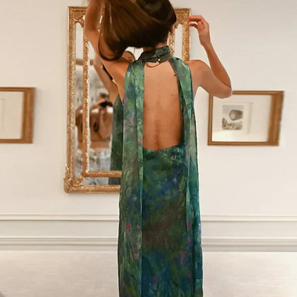 Sexy See Through Deep V Neck Maxi Dress Backless Sleeveless Lace Up Halter Robes Printed Party Vestidos 2025 New Lady Dresses