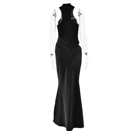 JULISSA MO Satin Sexy Hollow Out Women Maxi Dress Black Sleeveless High Waist Dress Female Autumn Skinny Elegant Party Clubwear