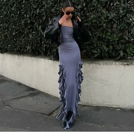 Cryptographic Irregular Ruffle Off Shoulder Sexy Backless Midi Dress for Women Elegant Birthday Vestido Summer Sundresses Ruched
