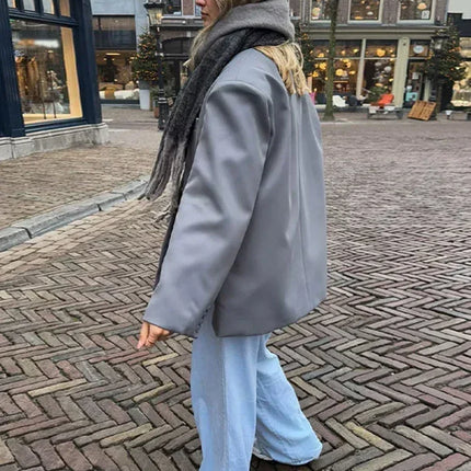 Women's V-Neck Side-Buttoned Suit Jacket Long Sleeve Solid Color Coats Pocket Cuffs Oversize Tops High Street Female Clothes