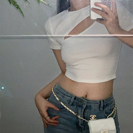 T Shirt Women Summer Hollow Crewneck Cropped Tops Irregular Tight Fitting Short Sleeve