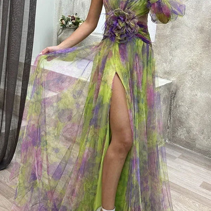 Elegant Oblique Shoulder Single-sleeve  Zipper High Slit Mesh Long Dress For Women Fashion Flower Decoration Party Dress Female