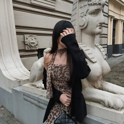 Leopard Print Wrapped Suit Backless Sleeveless Tops Skirts
