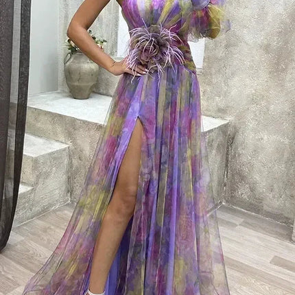 Elegant Oblique Shoulder Single-sleeve  Zipper High Slit Mesh Long Dress For Women Fashion Flower Decoration Party Dress Female
