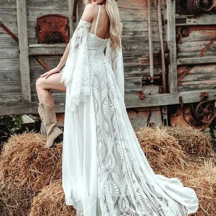 FL&AEVVE Customized Bohemian Chic Civil Bridal Dress Hippie Crochet Lace Wedding Dress With Slit Gatsby Elvish Bride Gown Robe
