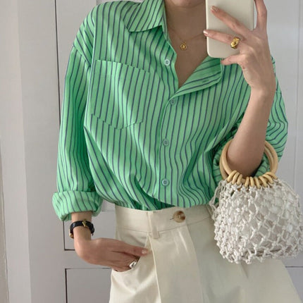 Spring Autumn Striped Blouses Long Sleeve Single-breasted Pocket Women Shirts Tops