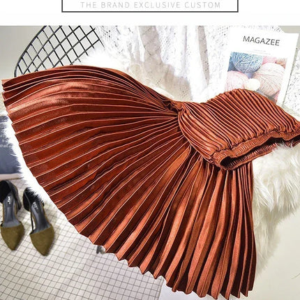 Classic Golden Velvet Pleated Skirt High Waist Retro Style Fashion Office Lady Pleated Long Skirt Winter Velvet Skirt 90cm Long