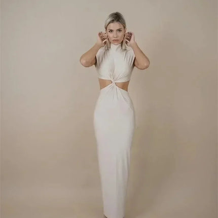 Mozision Hollow Out Turtleneck Sexy Maxi Dress For Women Fashion Solid Sleeveless Bodycon Tank Dresses Femme Club Party Dress