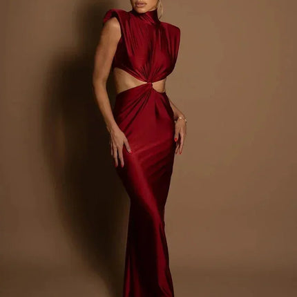 Mozision Hollow Out Turtleneck Sexy Maxi Dress For Women Fashion Solid Sleeveless Bodycon Tank Dresses Femme Club Party Dress