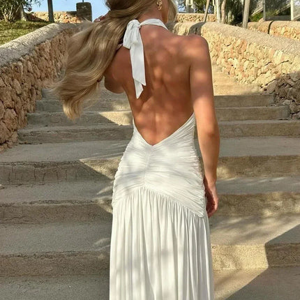 2025 Summer New Product Mature and Elegant Neck Hanging Deep V Chest Exposed Folded Waist High Split Design Backless Dress