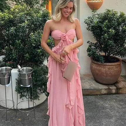 Chic Women Spring Hollow Out 3d Flower Ruffled Hem Long Dress Elegant Off Shoulder Backless Robe 2025 New Lady Street Party Gown