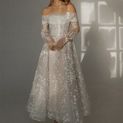 Kyoto Customized Lace Flowers Detachable Long Sleeves Wedding Dress Ankle-Length Glitter vestidos de novia A-Line Formal Gown