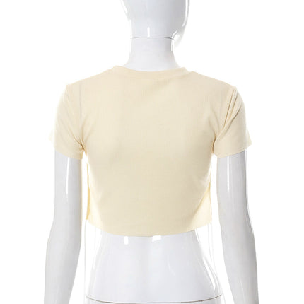 Sexy O Neck Split Ribbons Cropped T-Shirts Women Ribbed Knit Short Sleeve Slim Tshirts 2022 Summer