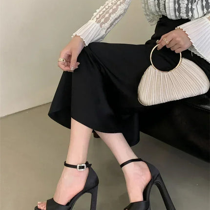 Liyke Runway Style Black High Heels Platform Sandals For Women Cozy Silk Square Toe Buckle Strap Lady Party Dress Shoes Size 40
