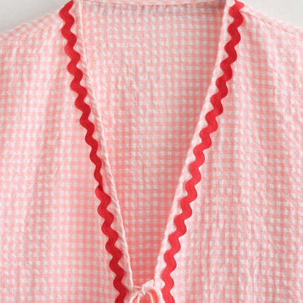 Heart Pockets Ladies V Neck Bow Buttons Blouses