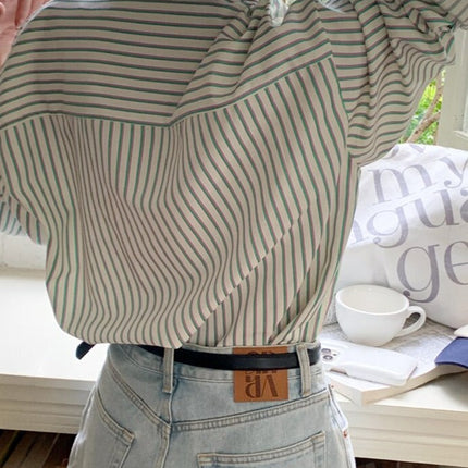 Spring Autumn Striped Blouses Long Sleeve Single-breasted Pocket Women Shirts Tops