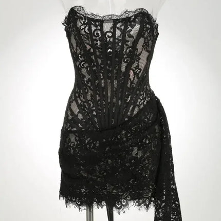 TARUXY Sexy Lace See-through Patchwork Corset Dress Female Bodycon Elegant Party MIrrgualr Mini Dress Women Tube Top Dress New