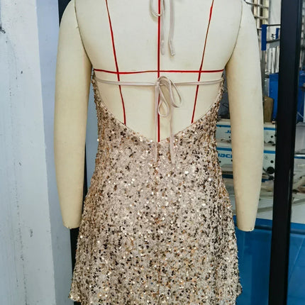 Women Short Dresses Sexy Backless Bodycon Evening dresses Sequin Halter Nightclub Cocktail Birthday Party Welcome Prom Dress XY5