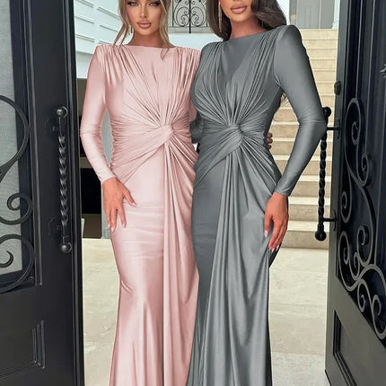 Dulzura Long Sleeves Shoulder Pad Ruched Maxi Dress Solid Elegant Prom Evening Party Long Dress Women’S Autumn Winter Outfit