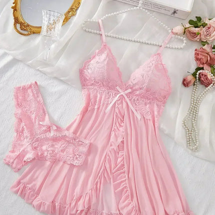 Sexy Lingerie Set Women Erotic Bra Nightdress Sexy Lace Sleepwear Solid Slim Soft Dresses V Neck Full Slip Sleepwear & Dresses