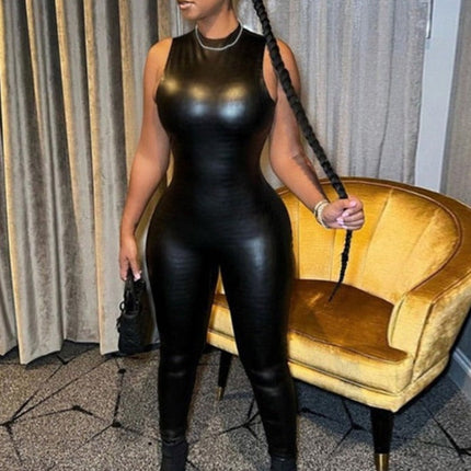 PU Leather Sleeveless Turtleneck Zipper Women Jumpsuit 2022 Casual Street Style Sports Fitness