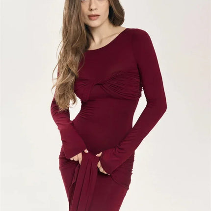 Tossy Female Pleated Sexy Maxi Dress Patchwork Twist Slim Long Sleeve Solid Y2k Autumn Streetwear Dress Women's Bodycon Dress