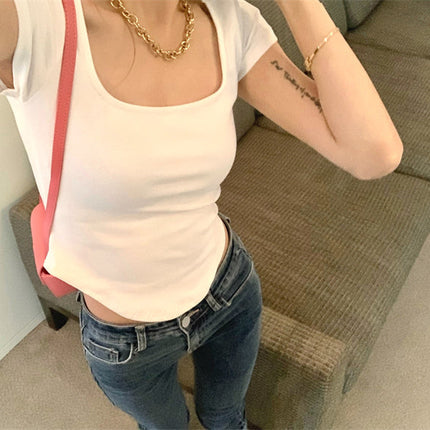 Pure Color Slim Short Sleeve Tees Women 2022 Summer Y2k Crop Fashion Sexy Blouse
