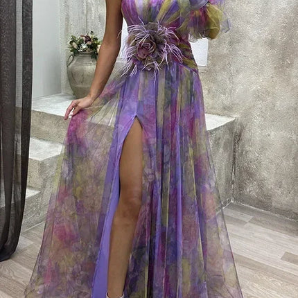 Elegant Oblique Shoulder Single-sleeve  Zipper High Slit Mesh Long Dress For Women Fashion Flower Decoration Party Dress Female