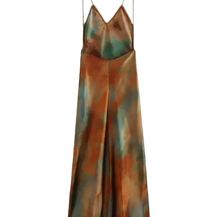 2025 Summer New Women's Open Back Sleeveless Dress Fashion Satin Mid Length Dress Printed Sexy V Neck Sling Dress