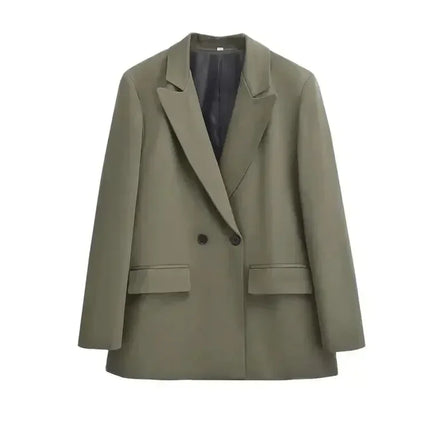 TRZA-Women's Double Breasted Office Wear Blazer Coat, Long Sleeve, Flap Pockets, Female Outerwear, Chic Tops, Fashion