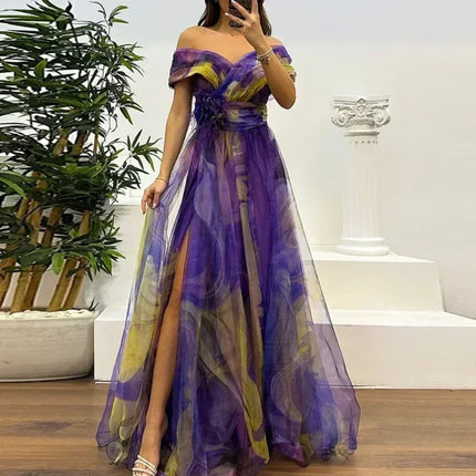 Women 2025 Pattern High Waist Party Dress Sexy Slit Mesh Cocktail Gala Dress Fashion One Shoulder Female Pleated Evening Dress