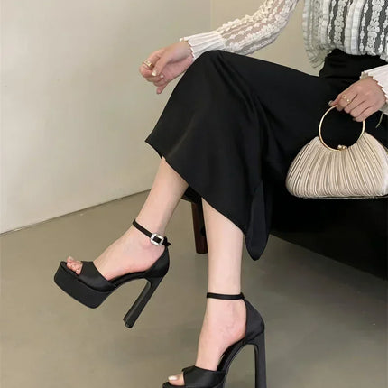 Liyke Runway Style Black High Heels Platform Sandals For Women Cozy Silk Square Toe Buckle Strap Lady Party Dress Shoes Size 40