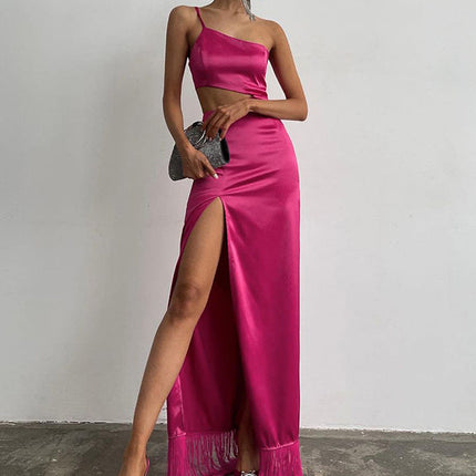 Elegant Women Diagonal Tassels Long Slip Party Dresses Sexy Off Shoulder Hollow Out Dress