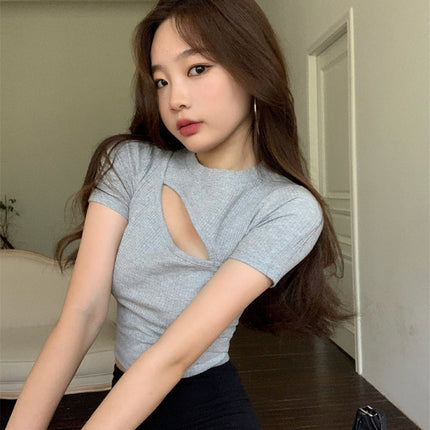 T Shirt Women Summer Hollow Crewneck Cropped Tops Irregular Tight Fitting Short Sleeve
