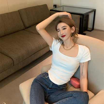 Pure Color Slim Short Sleeve Tees Women 2022 Summer Y2k Crop Fashion Sexy Blouse