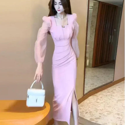 Gentle Temperament Slim Fit Dress with Women's Sleeves Square Neckline Pleated Solid Color Slimming Effect Medium Length Skirt