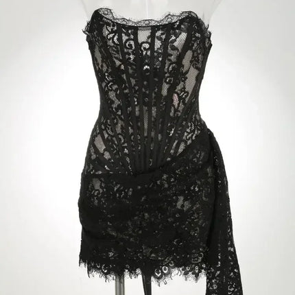 TARUXY Sexy Lace See-through Patchwork Corset Dress Female Bodycon Elegant Party MIrrgualr Mini Dress Women Tube Top Dress New